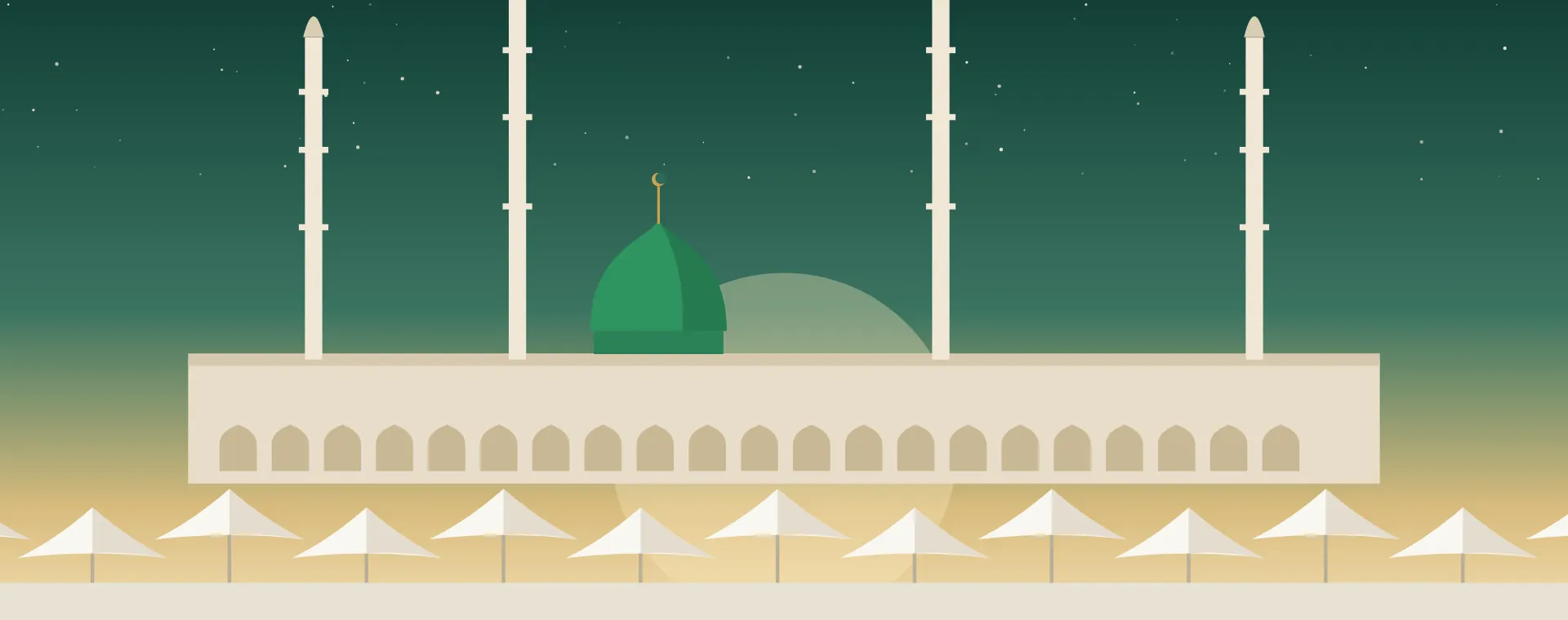 Masjid an-Nabawi in Madinah with its green dome and minarets at dawn